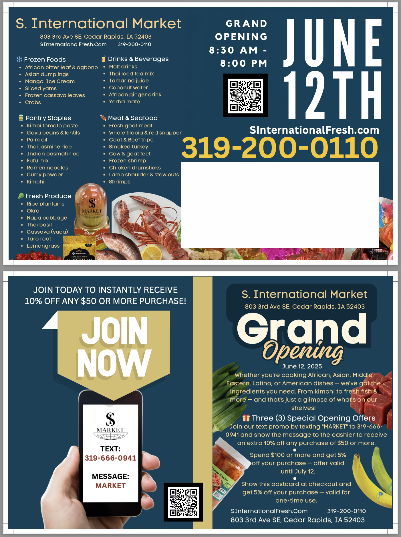 S. International Market Grand Opening Promotions - Text MARKET to 319-666-0941 for 10% off $50+ purchase